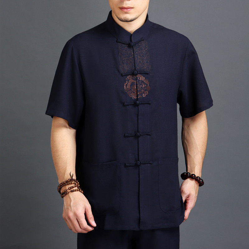 唐装中式亚麻刺绣立领短袖衬衫上衣中老年男士夏装薄棉麻半袖衬衣