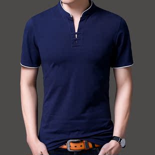 马克劲霸男装夏季中年男士短袖t恤v领中国风纯色上衣青年复古纯棉