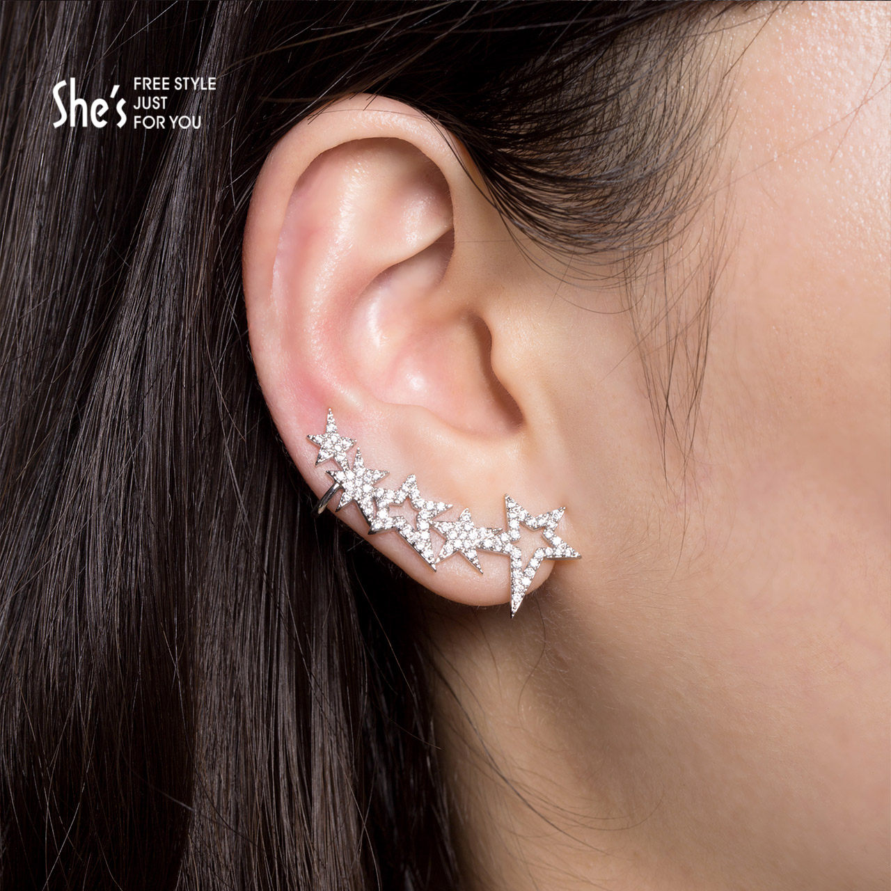 shes茜子首饰精品 氧化锆星星耳挂耳钉女 右耳耳骨夹耳环韩版