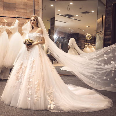 婚纱礼服2017新款彩纱新娘公主梦幻彩色一字肩拖尾欧美主婚纱森系