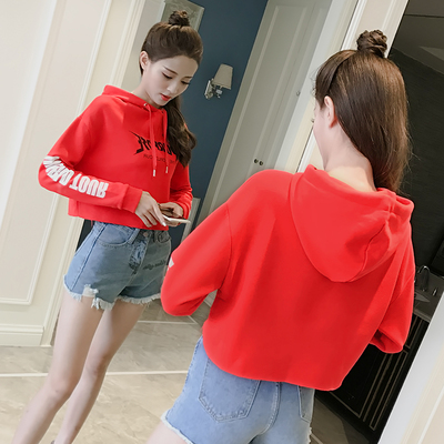 短款卫衣2017新款女秋季韩版小清新学生潮宽松连帽套头高腰漏肚脐