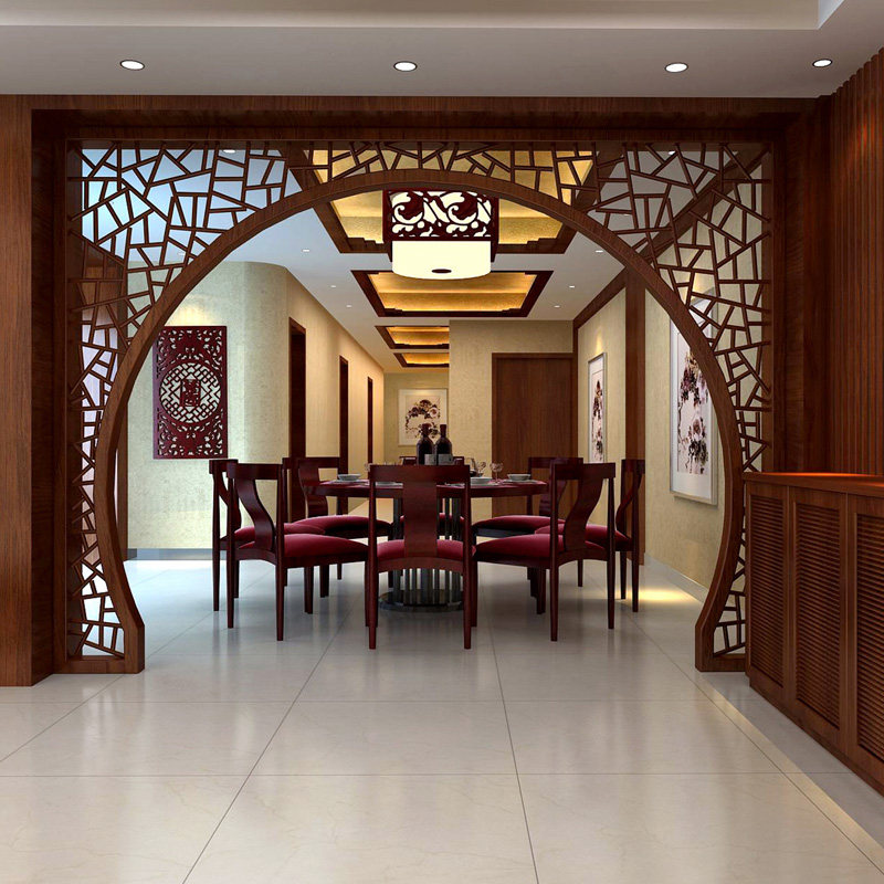 东阳木雕中式实木月洞门隔断玄关仿古雕花门客厅拱形实木花格门窗