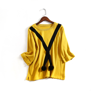 3kg小轩女装早秋新款百搭圆领前衣片小绒球装饰卷边袖针织衫