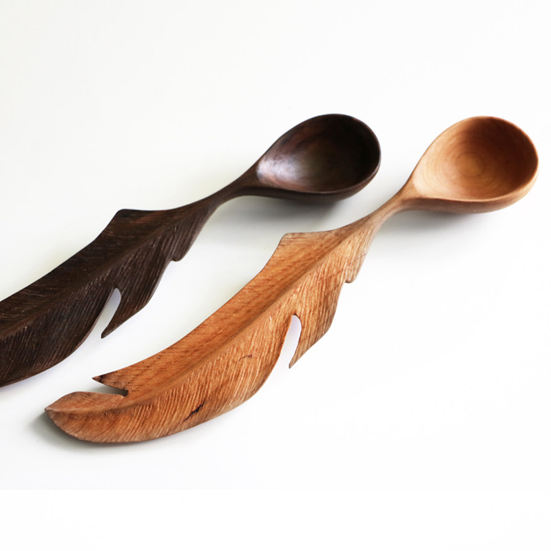 一勺x弦生活创意勺子手工木器无漆木勺居家汤勺黑胡桃实木勺羽毛