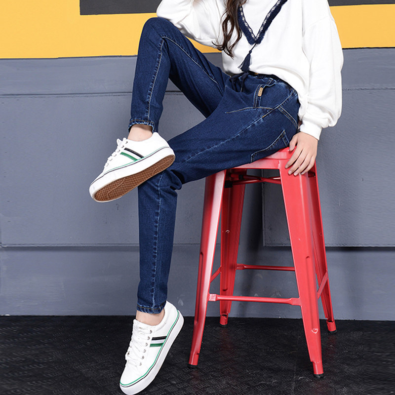 春秋夏少女松紧高腰牛仔长裤子初中高中学生韩版宽松休闲哈伦裤潮