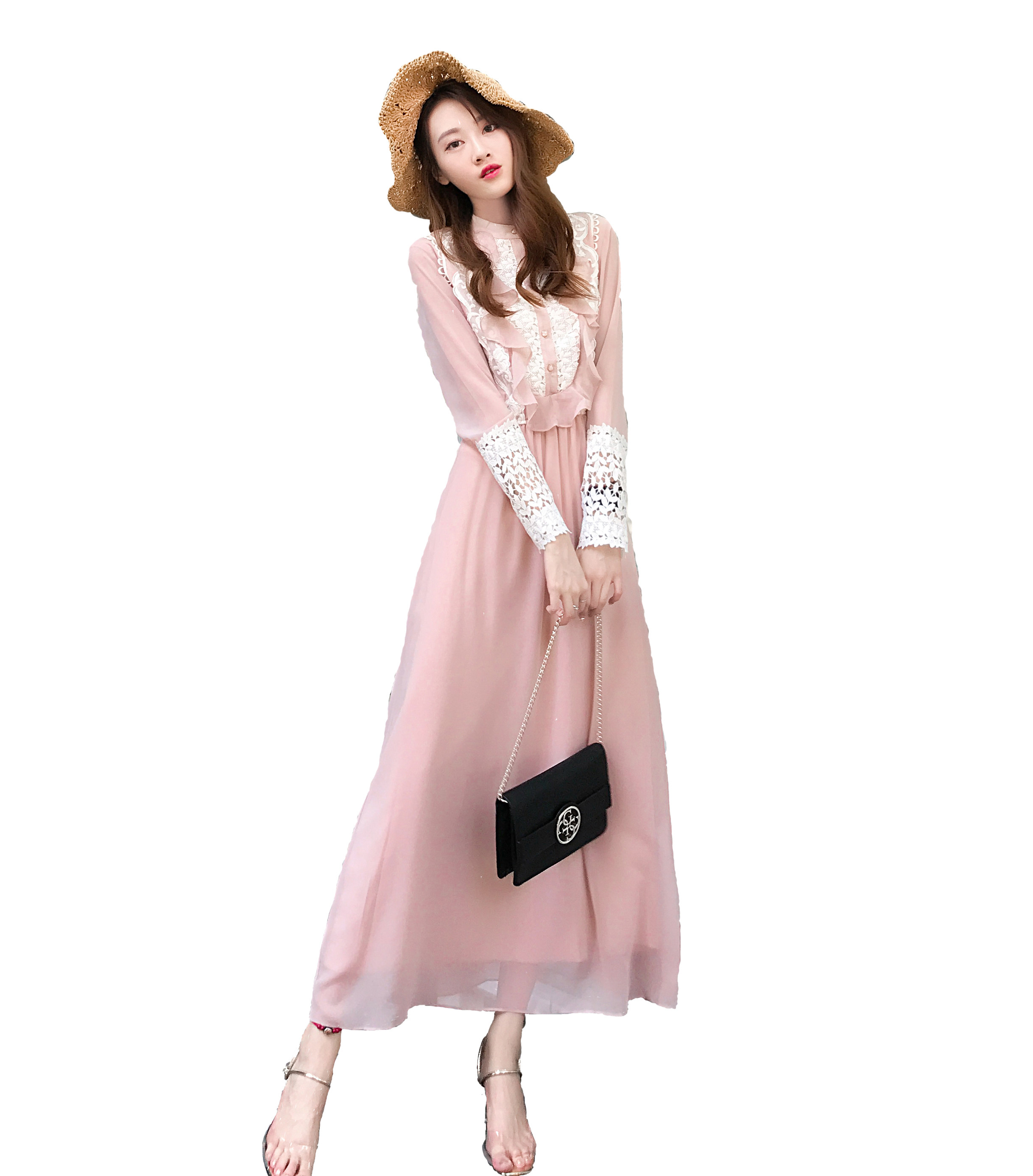 时尚气质裙子女秋装2017新款女装韩版长袖蕾丝拼接连衣裙秋季长裙