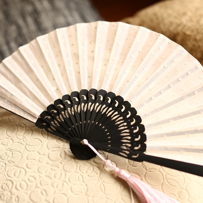 女扇日式日本和风折扇子和服扇 高档蕾丝扇 纯色 素雅刺绣 小6寸