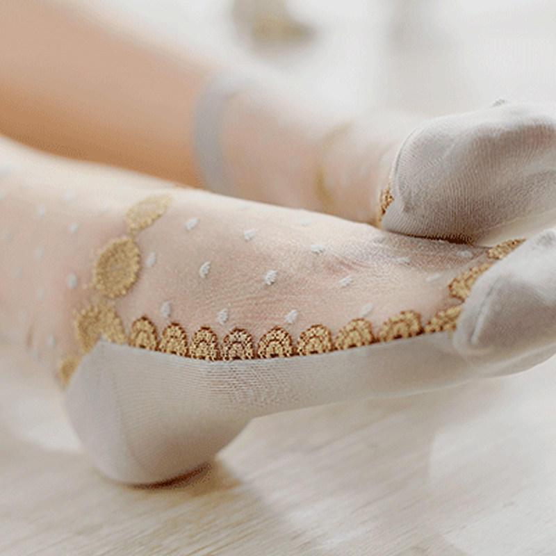 柚子坊 日本进口gold蕾丝提花半身棉春夏尼龙袜子女士丝袜女短袜