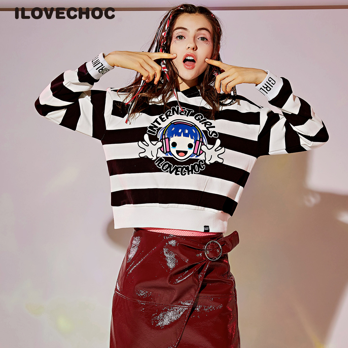 【专柜同款】ilovechoc我爱巧克力2017潮流女装条纹连帽卫衣