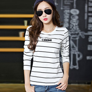 保暖衣服女加厚加绒打底衫女紧身条纹长袖上衣秋冬天纯棉百搭t恤