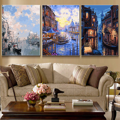 diy数字油画大幅三拼三联客厅花卉风景手工填色油彩装饰画威尼斯