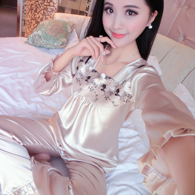 2017睡衣女夏丝绸长袖长裤薄款性感可爱家居服真丝睡衣套装两件套