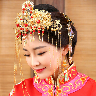 千魅古韵新娘结婚头饰秀禾服龙凤褂礼服发饰中式婚礼流苏凤冠套装