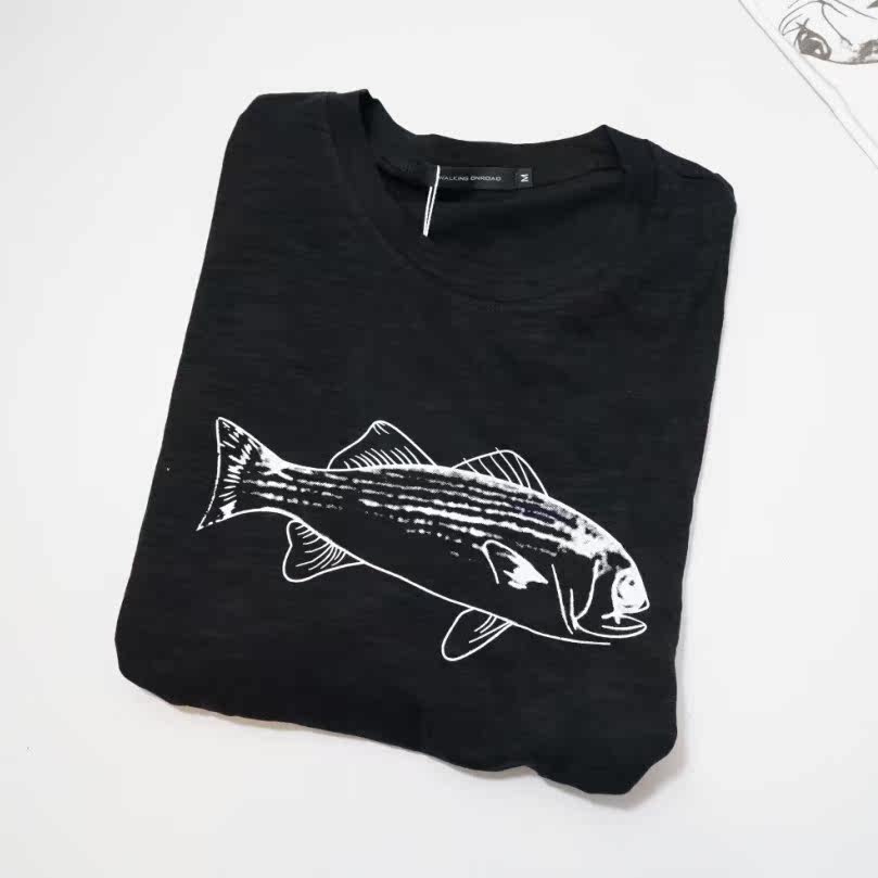 原创设计男装 艺术抽象系列 一条鱼印花 水洗全棉宽松短袖圆领t恤