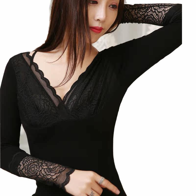冬季加绒长袖v领蕾丝刺绣性感美体收腹紧塑瘦身保暖上内衣女打底