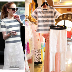 法国米兰站女装秋金丝绣花修身宽松上衣t恤外套 打底长裤9分套装