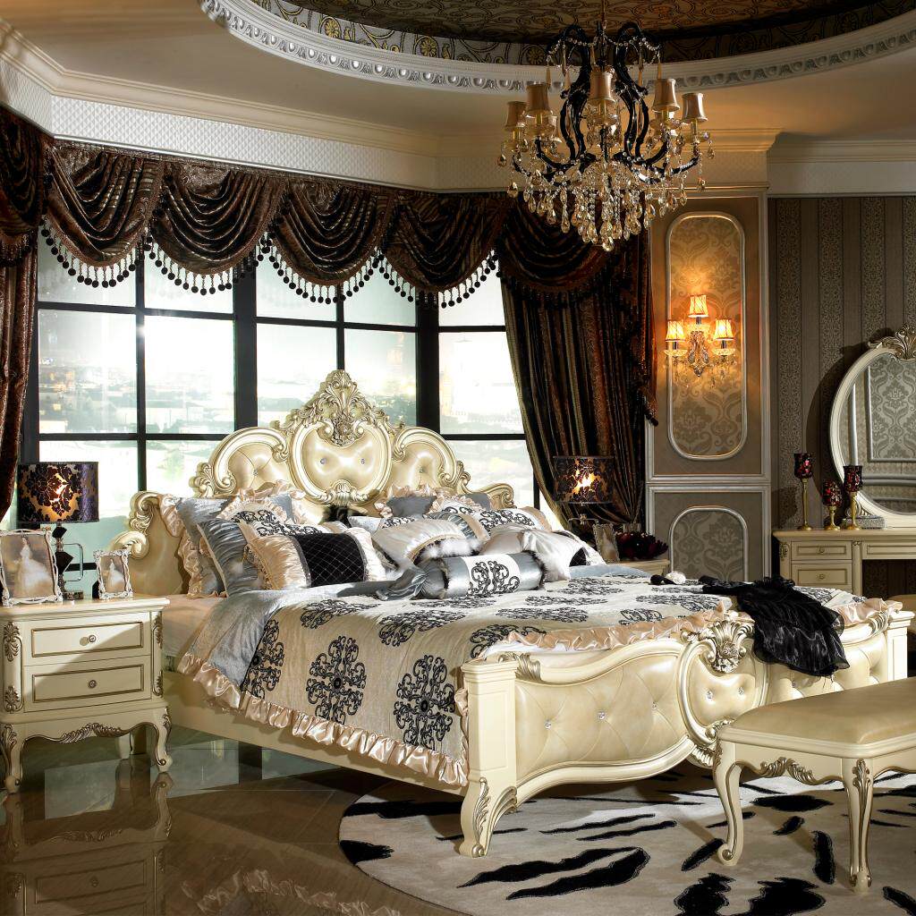 金玉坊 欧式品牌家具 奢华实木皮艺双人床1.8米新古典真皮大床