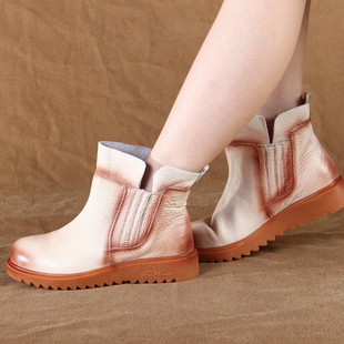 鞋套脚女鞋真皮 外贸原单手工缝制擦色牛皮复古浅口休闲皮鞋女单鞋套