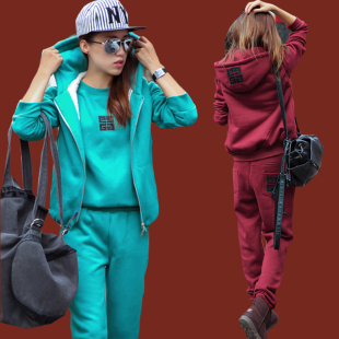 休闲时尚 唯品会运动服长裤套装女 欧2015秋装休闲时尚抓绒女装3件套