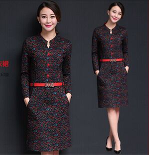 悠然高端气质女装2016春装新款高腰修身v领包臀长袖连衣裙过膝