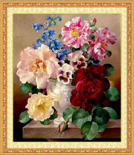 蒙娜丽莎十字绣花瓶红玫瑰风景花卉油画风格春娇百媚最新款客厅画