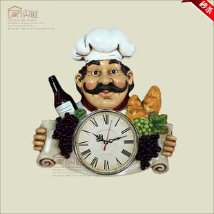 创意美式乡村厨师葡萄酒挂钟个性时钟厨房时钟餐厅钟表树脂工艺品