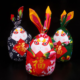 中国风老花布印染兔儿爷布偶兔子玩偶 老北京民间特色艺品礼品