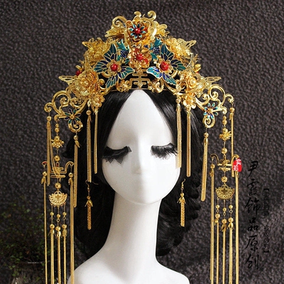 尹霞饰品古装新娘凤冠中国风影楼道具夸张大冠仿点翠饰品发簪703