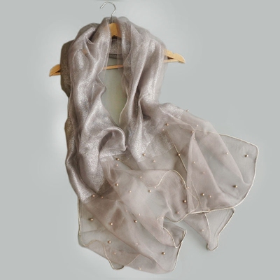 豆沙色铆钉镶钻装饰真丝欧根纱丝巾夏季防晒围巾女旗袍礼服披肩薄