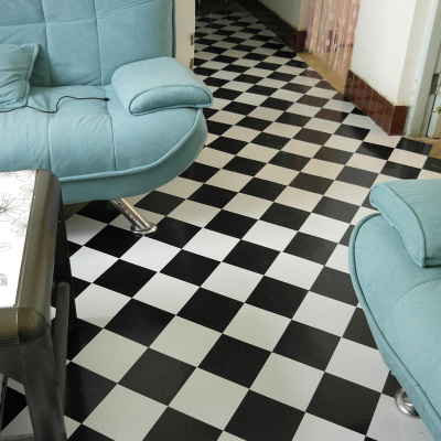 pvc地板石塑地板免胶 塑胶地板纸 地板革 黑白格子地纸自粘加厚