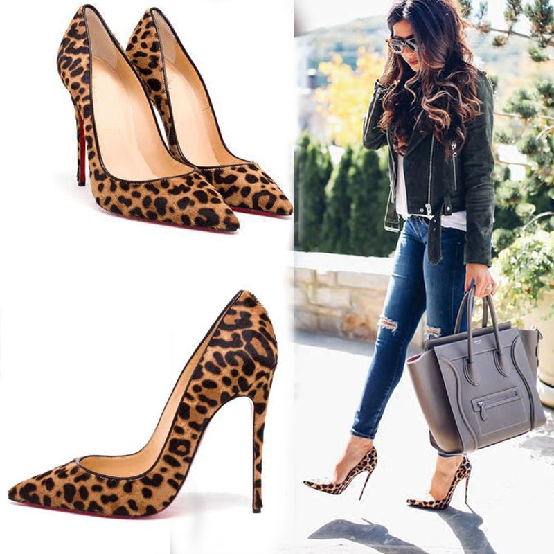 恨天高高跟鞋女春2017新款尖头细跟豹纹马毛单鞋女性感社交女鞋子