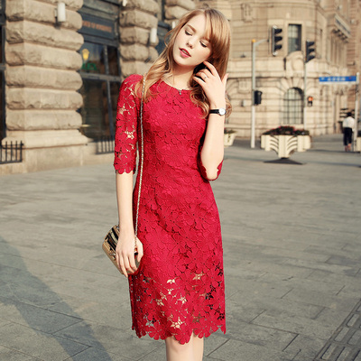 2016新款修身显瘦中裙镂空红色蕾丝连衣裙中长款包臀裙子夏季女装