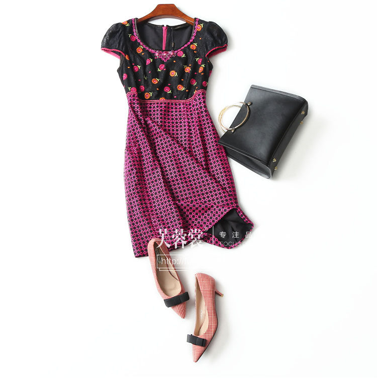 台装品牌折扣女装2016春夏英之婕蕾丝拼接收腰显瘦连衣裙女56027h