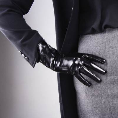 漆皮手套 亮黑色短款仿真皮21cm精工内衬法式哥特摇滚百搭基本款