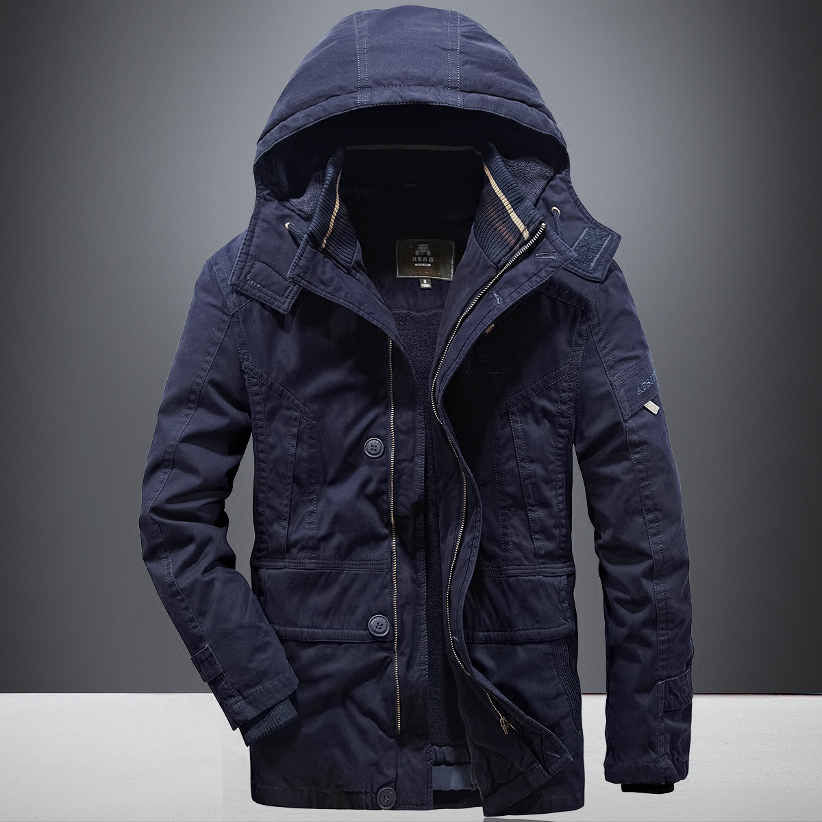 afs jeep冬季棉衣男中长款加绒加厚冬装棉服风衣外套军装青年大衣