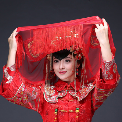 新款红色新娘头纱中式结婚婚礼蕾丝花边婚纱刺绣短款头纱1.5米长