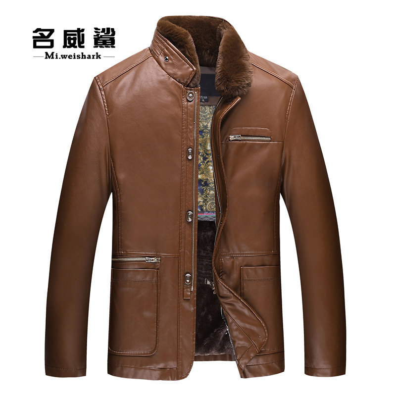 秋冬中年男士加绒皮夹克中老年人男装皮外套立领加厚皮衣爸爸装60