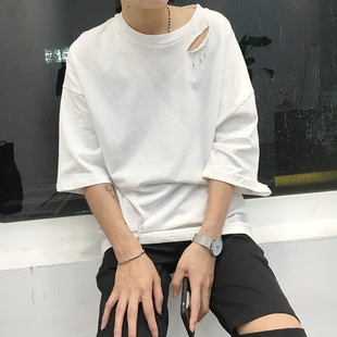 les帅t林弯弯别针镂空简约宽松纯色短袖t恤韩国东大门宽松tee男潮