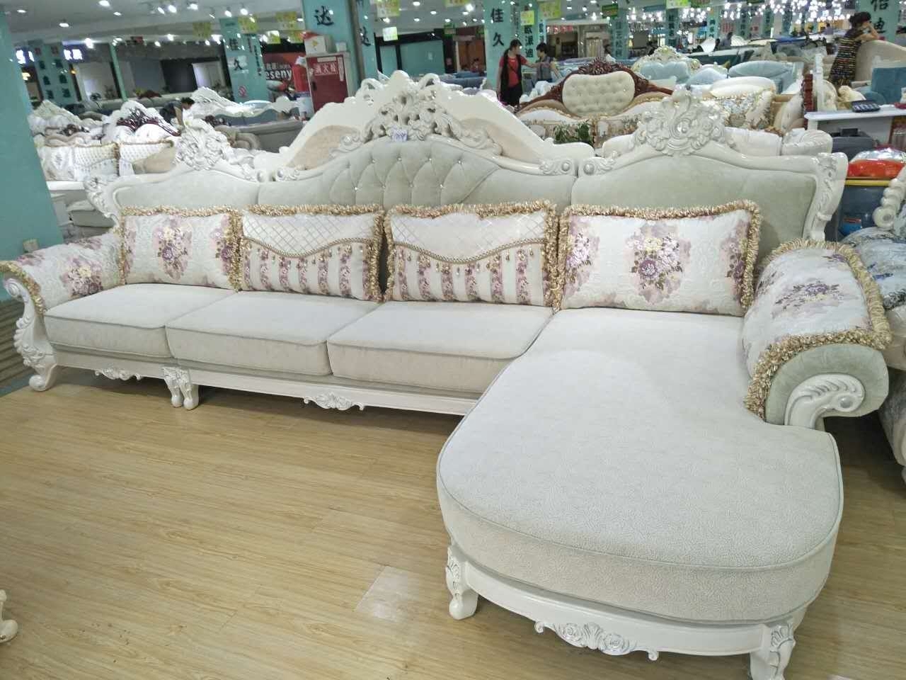 欧式布艺沙发3.7米实木雕花沙发左右妃l形沙发高档法式描银家具