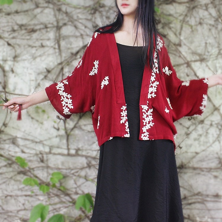 然而原创 红色和服外套羽织 樱花刺绣 浴衣汉服防晒衣 和风浮世绘