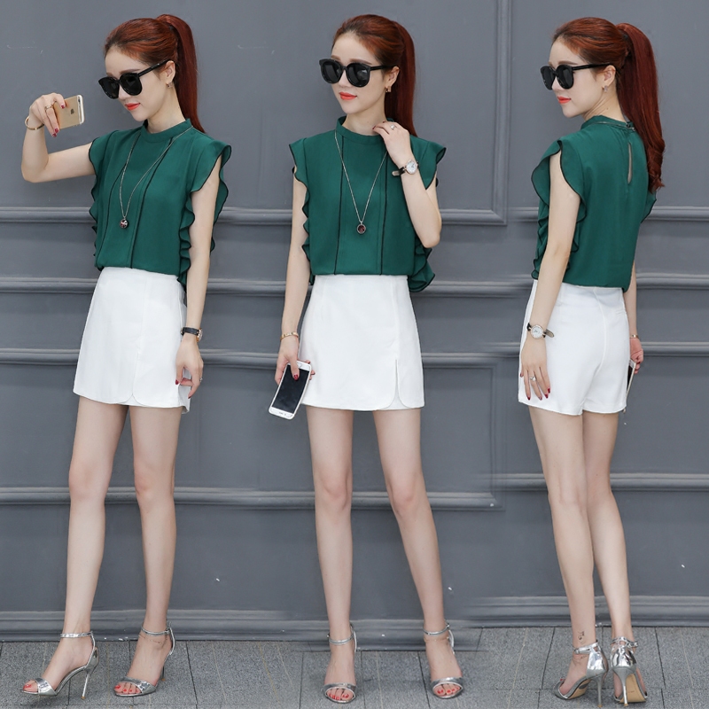 套装2017夏季新款韩版女装v领短袖雪纺衫棉麻上衣显瘦短裤两件套