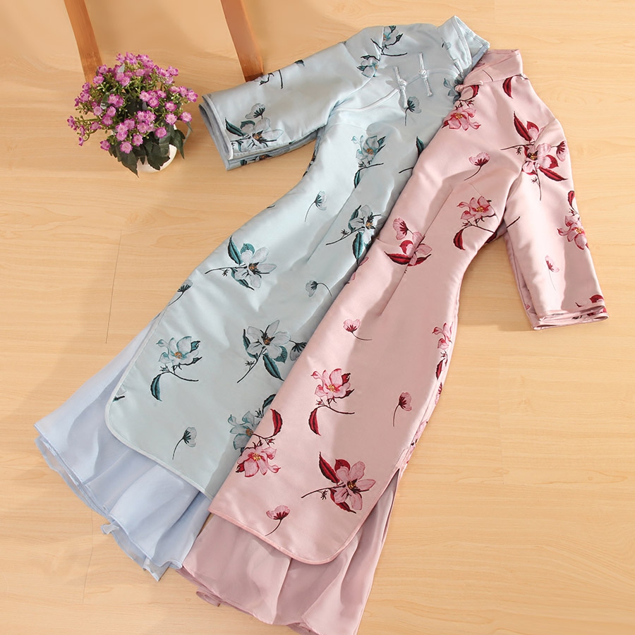 中国风改良旗袍2017早秋女装新款中袖提花鱼尾摆修身中长连衣裙