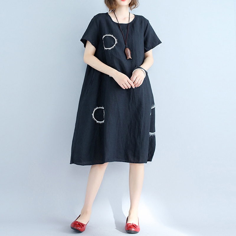 加肥大码女装夏胖mm遮肚子棉麻裙短袖宽松藏肉肥婆装胖妈妈连衣裙