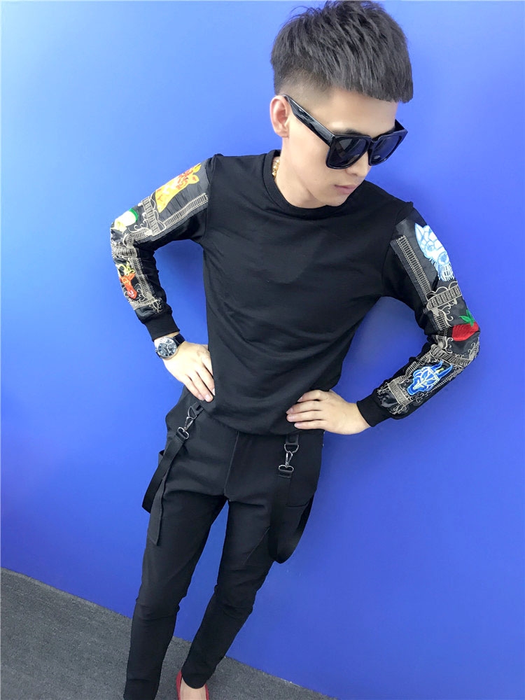 2017秋季新款长袖卫衣社会精神小伙修身青年韩版潮流刺绣t恤男潮