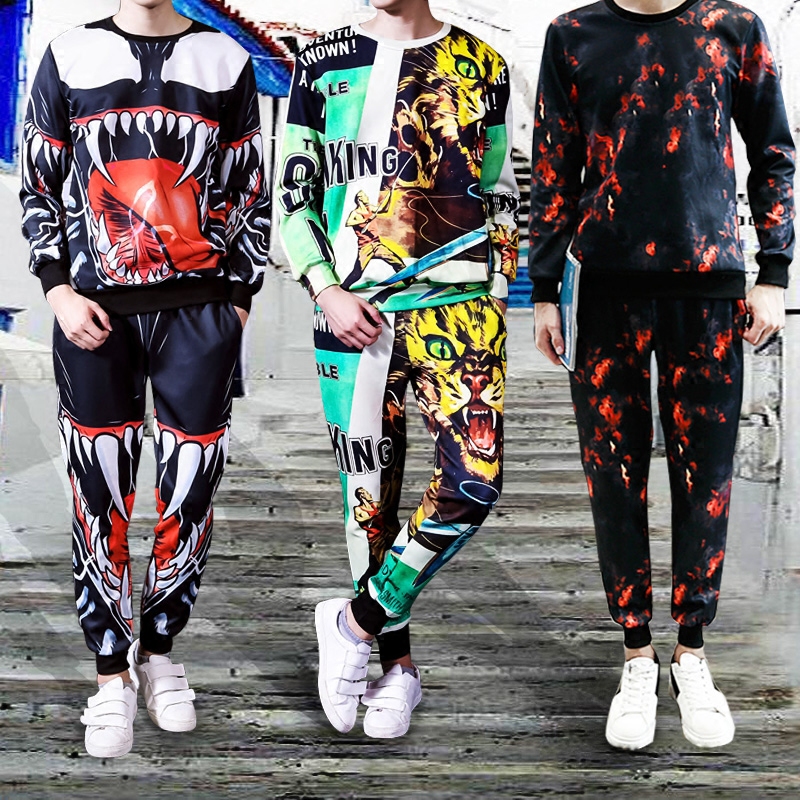 ifashion男潮印花卫衣套装春装花外套男两件套男花裤子哈伦裤子男