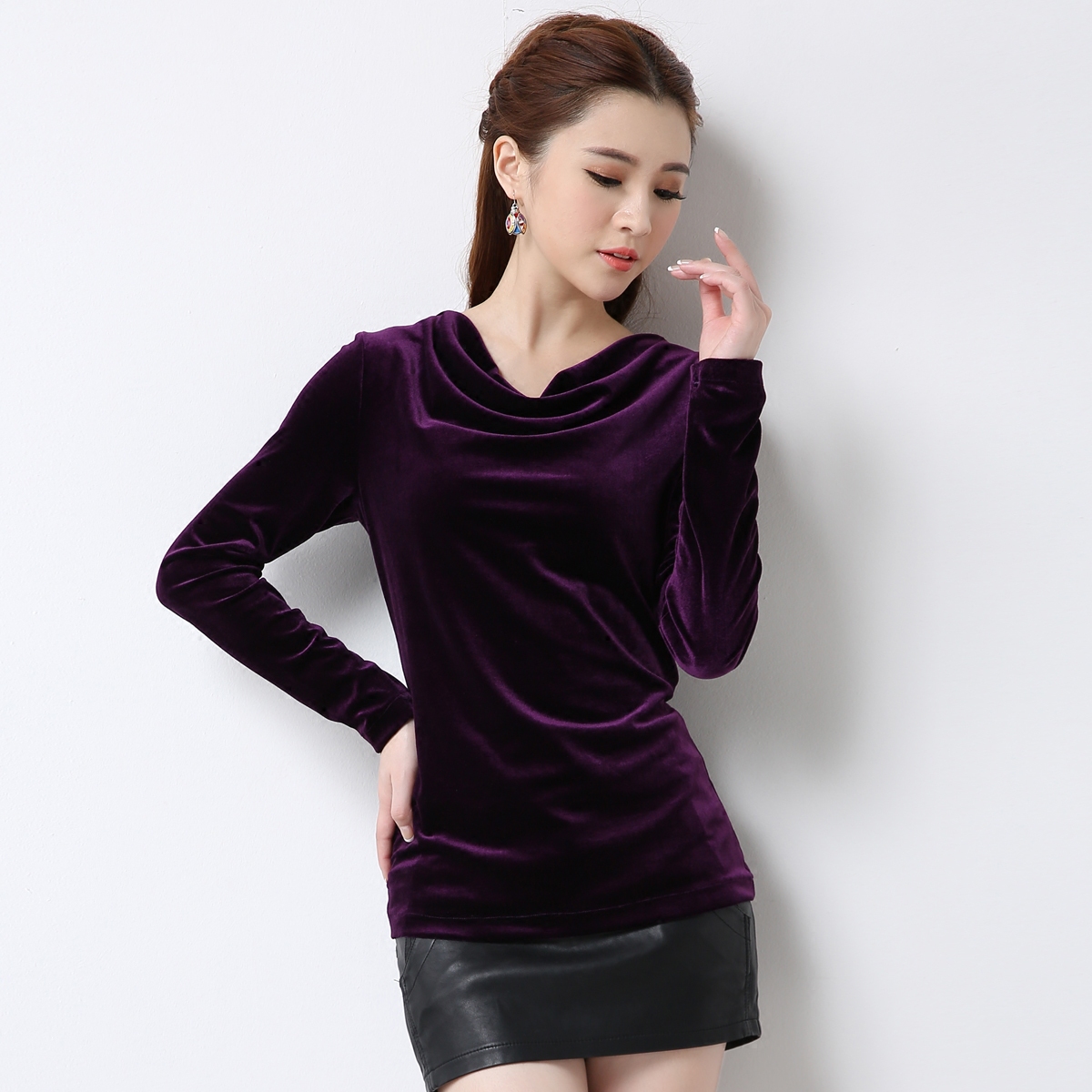春装新款金丝绒上衣翻领打底衫女纯色有领长袖t恤春秋显瘦女装冬