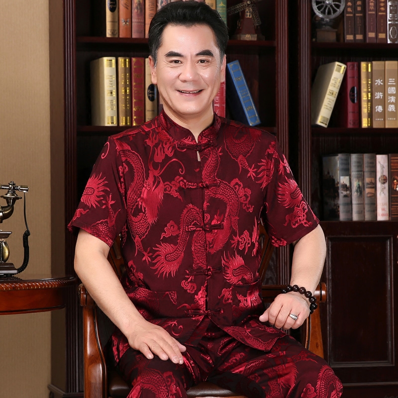 轩思隆唐装男短袖蚕丝中老年中式爷爷装衬衫真丝绸缎结婚爸爸装夏