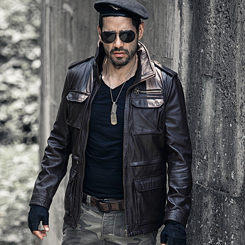 春季机车皮衣男真皮翻领军工装海宁真皮皮夹克男士外套牛皮皮衣男