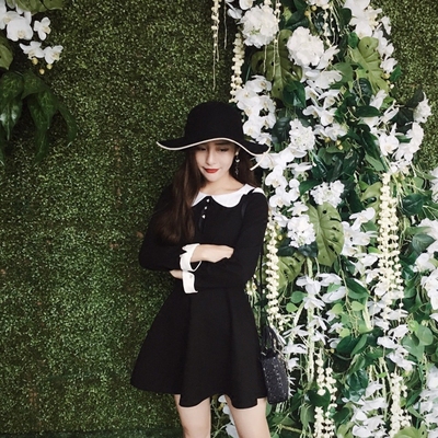 bellavintage原创设计冬娃娃领显瘦黑色长袖赫本小黑裙连衣裙年会