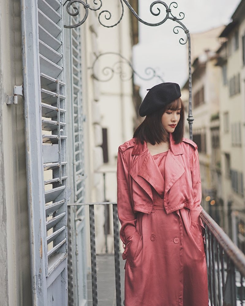 杨姗姗elwing原创设计秋冬款复古英伦风收腰绸面风衣外套女中长款